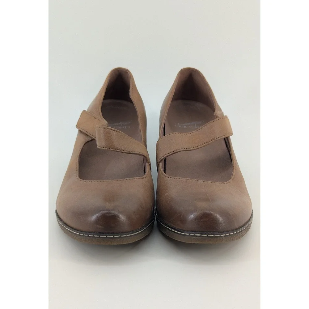 Dansko Brown Leather Mary Jane Wedge Shoes Size 38 Comfort Round Toe Strap